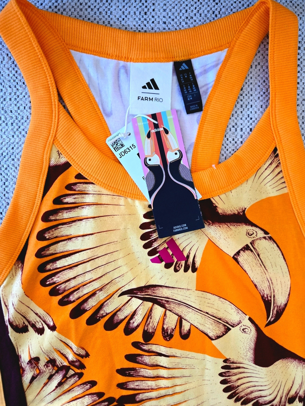 NWT ADIDAS x FARM RIO Orange Graphic Tucan Print Slim Sleeveless Dress Size: M - Picture 3 of 12
